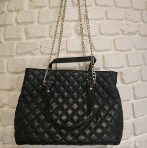 Maxine Couture Black Leather Quilted Double Chain Strap Bag